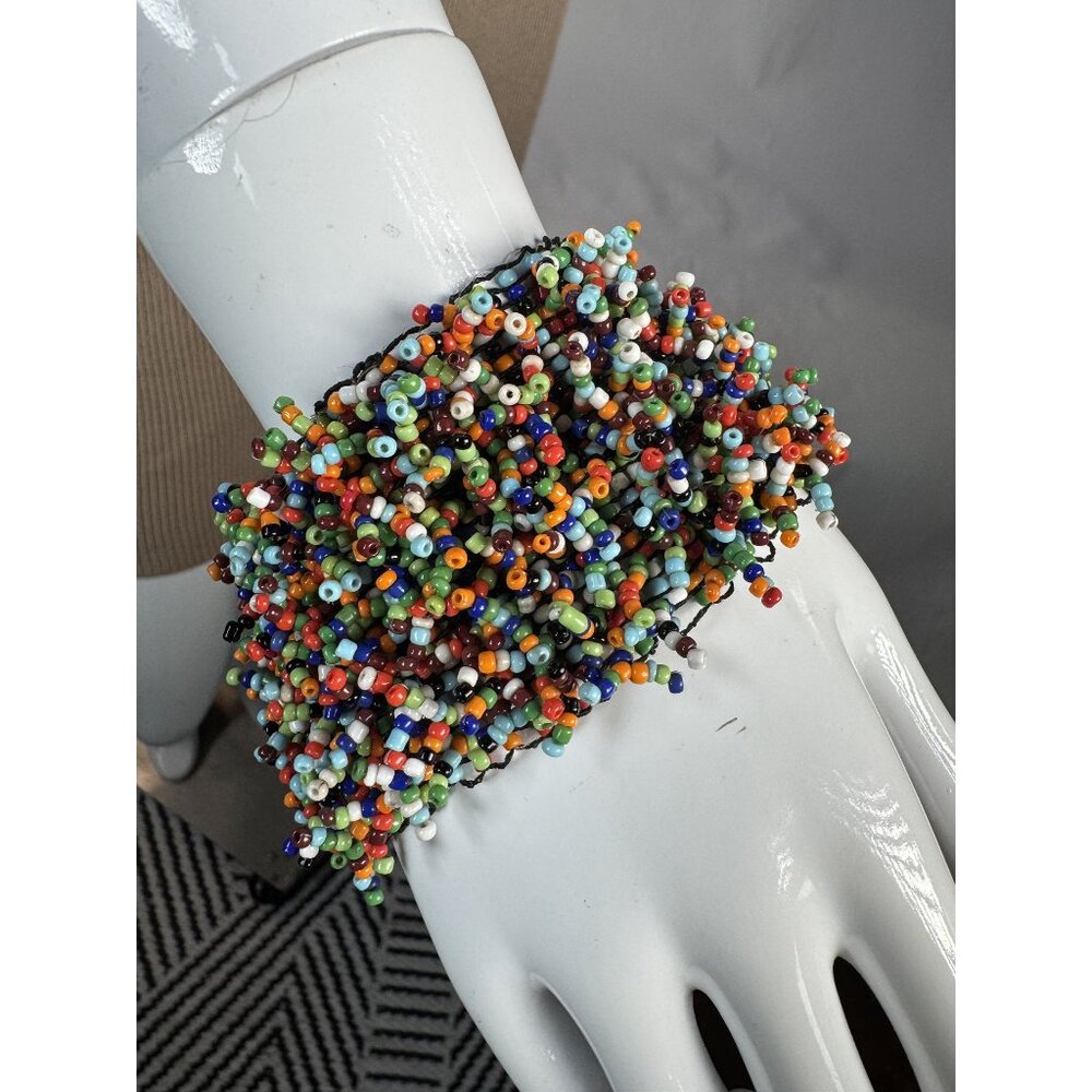 Multicolor Beaded Cuff Bracelet Handmade Elastic Boho Style Elastic Statement Je